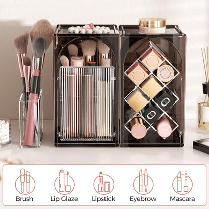 INVSSENE Stackable Makeup Organizer Countertop, Storage Perfume Skincare Cosmetic Lipstick Face Mask Makeup Brush Palettes, Ideal for Vanity Bathroom Counter - color: 3513 Coffee+Clear