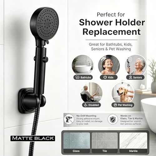 Handheld Shower Head Holder - 5 Positions Adjustable - Concealed Adhesive Mount with Screw Option- Bathroom Wall Mount Shower Hose Holder (Matte Black) - color: Matte Black