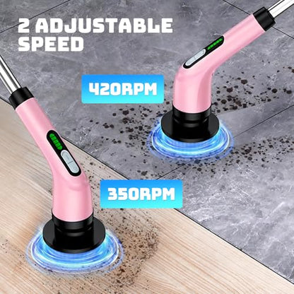 Highyes Electric Spin Scrubber for Bathroom, Upgrated Powerful IPX7 Waterproof Shower Scrubber with Extendable Long Handle A10D (Pink) | IPX7 Waterproof Shower Scrubber with Extendable Long Handle，Bathroom Cleaning Scrubber with 7 Reusable Brush Heads - c