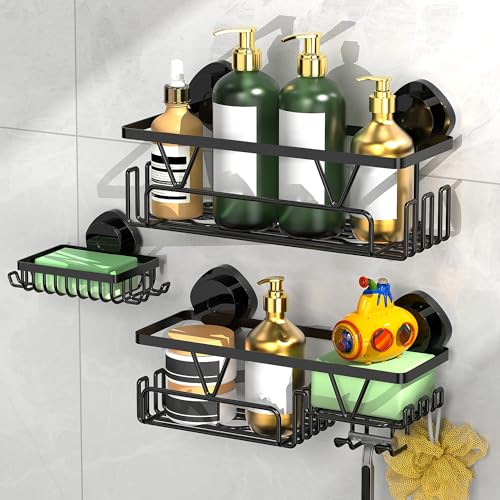 ZUNTO Suction Cup Shower Caddy - 3pcs Reusable Shower Shelf Organizers with Soap Holder and Hooks - No Drilling Bathroom Shelves for Shampoo