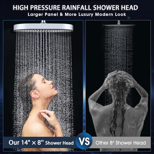 PDPBath 14 Inch Rain Shower Head with 5+1 Settings Handheld Spray Combo, High Pressure Rainfall Shower Head with 16'' Upgrade Adjustable Extension Arm, 79" Extra Long Hose, 3-Way Diverter, Chrome - color: Chrome