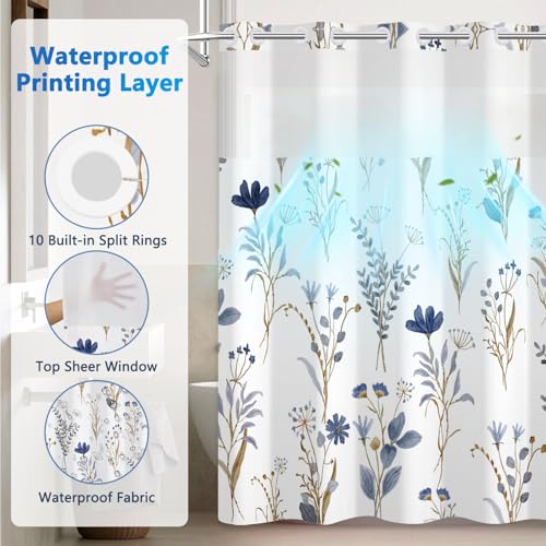 Watercolor Blue Floral Shower Curtains for Bathroom, No Hook Shower Curtain with Snap in Liner and Sheer Top Window, Double Layers Waterproof Fabric Bathroom Shower Curtain Sets with Weighted Hem - color: Blue Wildflower