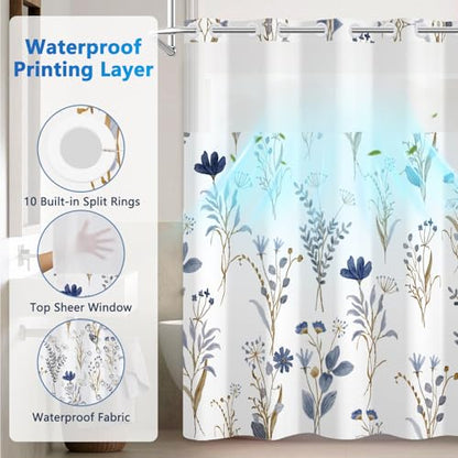Watercolor Blue Floral Shower Curtains for Bathroom, No Hook Shower Curtain with Snap in Liner and Sheer Top Window, Double Layers Waterproof Fabric Bathroom Shower Curtain Sets with Weighted Hem - color: Blue Wildflower