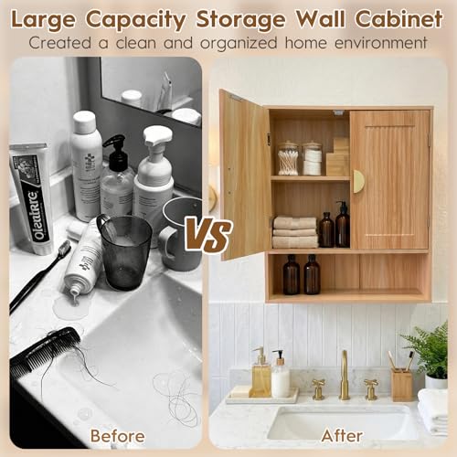 Mazatzal Bathroom Wall Cabinet, Wooden Medicine Cabinet with Adjustable Shelf & Grille Design Doors, Over the Toilet Storage Cabinet for Bathroom, Laundry, Kitchen, Living Room