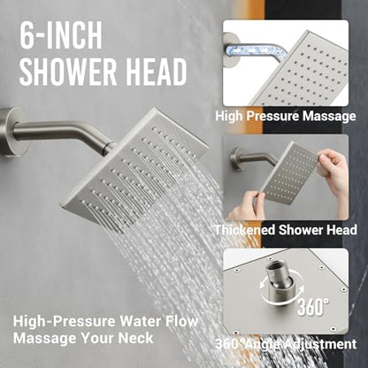 Thermostatic Dual Shower Head System, Brushed Nickel Shower Faucet | 12 Inch Ceiling Rainfall Shower, 6 Inch Wall Mount Head, High Pressure Handheld Sprayer, Push Button Valve - color: Brushed Nickel