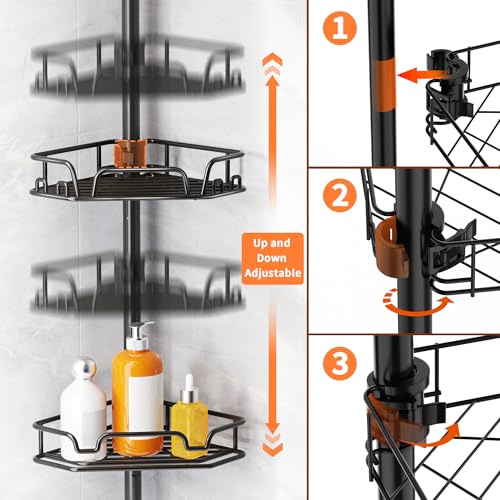 KEGII Corner Shower Caddy Tension Pole, Large Capacity Organizer, Black | Easy Installation with Towel Bar and Hooks, Adjustable 25-114.2 inch Rod for Shampoo, Bath Essentials and Family Bathrooms