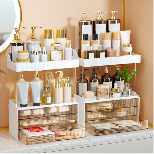 StorBin Arcylic 5-Tier Makeup & Skincare Organizer for Vanity, Bath, 2 Sets | Smooth 3 drawers, clear body, gold frame, non-slip, for perfumes, serums, face masks, palettes, vanity & bath counter,Amber - color: Amber, size: 6 Drawers