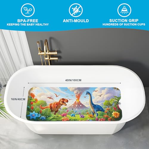 Baby Bath Mat for Tub Non Slip Kids Bath Mat - 40''x16'' Extra Long Cartoon Turtle Baby Bath Tub Mat Eco-Friendly Toddler Bath Mats with Suction Cups & Drain Holes, Easy to Clean & Easy Drying - color: Dinosaur