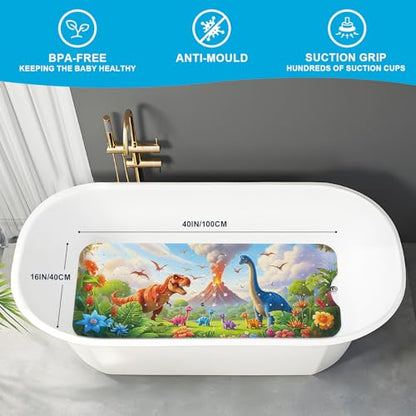 Baby Bath Mat for Tub Non Slip Kids Bath Mat - 40''x16'' Extra Long Cartoon Turtle Baby Bath Tub Mat Eco-Friendly Toddler Bath Mats with Suction Cups & Drain Holes, Easy to Clean & Easy Drying - color: Dinosaur