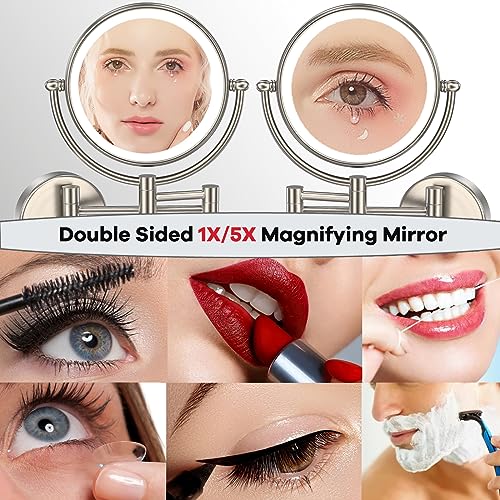 Wall Mounted Makeup Mirror with Lights, Brass, Brushed Nickel | 2 Sided 1/5X Magnifying, Bathroom Vanity Cosmetic, Touch Sensor, 3 Color Lighting, Extended Arm, 360 Rotation, Rechargeable - color: Brushed Nickel
