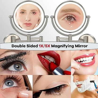 Wall Mounted Makeup Mirror with Lights, Brass, Brushed Nickel | 2 Sided 1/5X Magnifying, Bathroom Vanity Cosmetic, Touch Sensor, 3 Color Lighting, Extended Arm, 360 Rotation, Rechargeable - color: Brushed Nickel