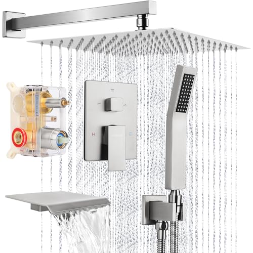 12 Inch Rainfall Shower System with Tub Spout Wall Mounted Complete Combo with Solid Brass Pressure Balancing Valve, High Pressure Shower Head, Handle Set & Installation Accessories - color: Brushed Nickel