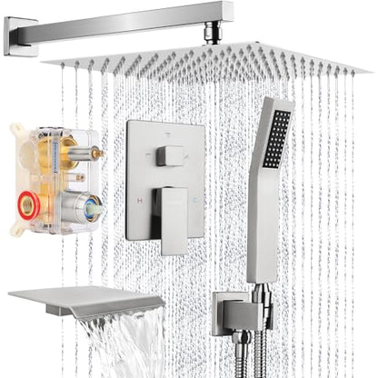 12 Inch Rainfall Shower System with Tub Spout Wall Mounted Complete Combo with Solid Brass Pressure Balancing Valve, High Pressure Shower Head, Handle Set & Installation Accessories - color: Brushed Nickel