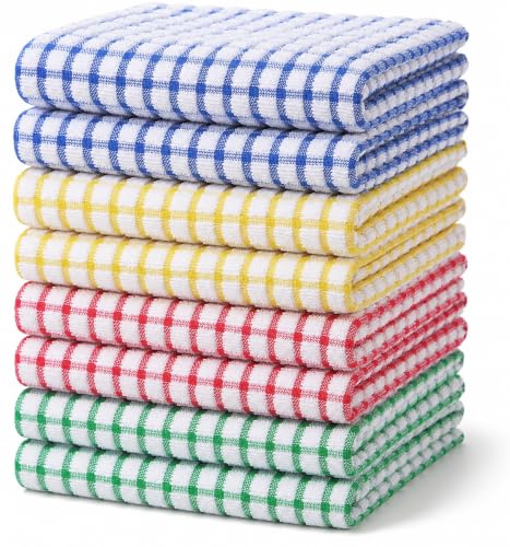 Egles 8 Packs Kitchen Dish Towels 15 x 27 Inch | 100% Cotton Terry Dish Cloths for Drying and Washing Dishes Scrubbing - color: Blue, Green, Red, Yellow, size: 15"x27" - 8 pcs
