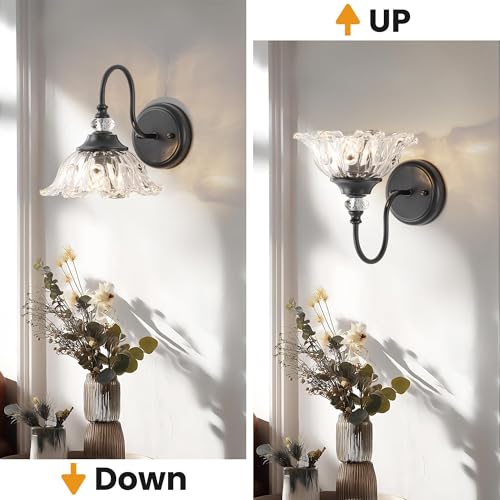 1-Light Black Vintage Wall Sconce, Flower Glass Shade Wall Mounted Light Fixture, E26 Base Farmhouse Vanity Lighting for Bathroom Bedroom Hallway Entryway