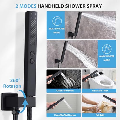 Rainfall Showerhead and Handle Set, 10" Bathroom Shower System, 3 Functions Wall Mounted Shower Faucet Complete Combo Solid Brass with Foldable Tub Spout Modern Bathtub Faucet Shower Trim Kit - color: Matte Black
