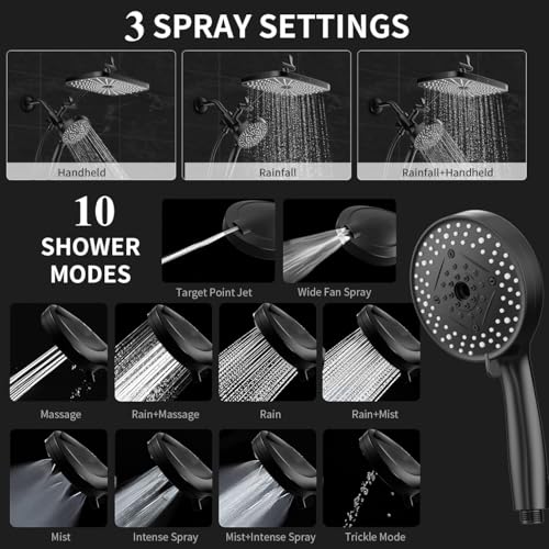High Pressure Shower Head with Handheld, Upgrade Rain Shower Heads with Fixed Showerhead Combo, 10 Sprays Handheld Shower Head Built in Power Jets, 71" Long Hose, Matt Black - color: Black