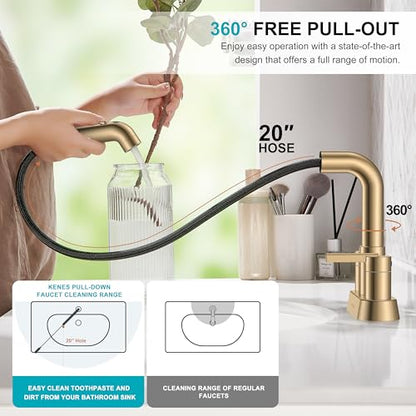 Champagne Bronze Pull Down Centerset Bathroom Faucet 3 Hole 2 Handle | Pull Out Bathroom Faucet with Pop Up Drain & Supply Lines, Lead-Free cUPC & NSF Certified, 4 Inch Faucet for Vanity RV Sink - color: Champagne Bronze