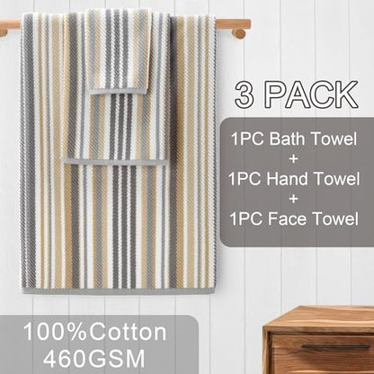 VOOVA & MOVAS Striped Towels 3 Pack, 100% Cotton, Gray Beige | All-Around Bathroom Use, 13x13, 16x27, 28x52 In, Quick Dry, Soft, Absorbent, Bath Towels with Hanging Loops - color: Beige + Gray Striped, size: 3 PCS Bathroom Towels
