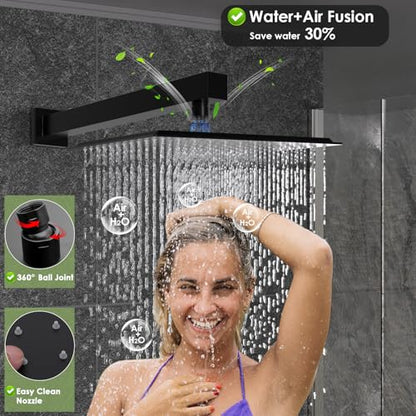 Enga Dual Shower Head System with Body Jets, 12"+ 6" Wall Mounted Dual Rain Shower Faucet with Valve Kit, Matte Black - color: Matte Black, style: Wall-12"+6"+Jets