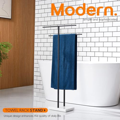 Free Standing Towel Racks Matte Black 2-Tier Towel Holder for Bathroom Floor Stand with Heavy Marble Base Thicken Steady Design Stainless Steel AN7005MB - color: Matte Black