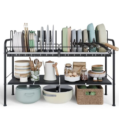 Expandable Under Sink Organizer，Pot and pan Organizer Under Cabinet | Pan Lid Organizer,Expandable Storage shelf with 2 Pan Racks（14 Dividers）and 4 Removable Panels,Adjustable partition height - size: Multi-functional with 2 pot holders