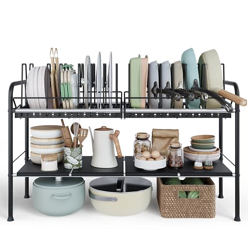 Expandable Under Sink Organizer，Pot and pan Organizer Under Cabinet | Pan Lid Organizer,Expandable Storage shelf with 2 Pan Racks（14 Dividers）and 4 Removable Panels,Adjustable partition height - size: Multi-functional with 2 pot holders