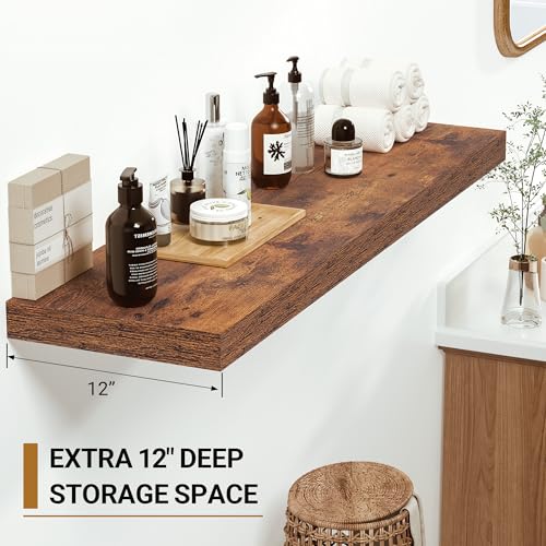 Vivelove 12x12 Deep Floating Shelves, Rustic Brown, Set of 2 | Invisible Brackets, Easy Mount Shelf with Hardware Kit, for Bathroom Bedroom Living Room Kitchen, Engineered Wood - color: Rustic Brown, size: 12”wx12”dx1.5”h