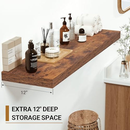 Vivelove 12x12 Deep Floating Shelves, Rustic Brown, Set of 2 | Invisible Brackets, Easy Mount Shelf with Hardware Kit, for Bathroom Bedroom Living Room Kitchen, Engineered Wood - color: Rustic Brown, size: 12”wx12”dx1.5”h