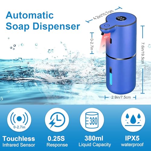 OHIFAST Automatic Foaming Soap Dispenser Touchless, USB Rechargeable Smart Hand Soap Dispenser, 6-Level Adjustable, 12.8oz/380mL Wall Mounted for Bathroom Kitchen Dish Soap-Blue - color: Blue, style: Foam