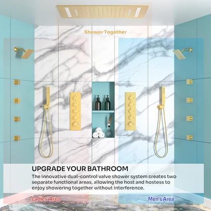 HOMEDEC Dual Shower System for Two, LED 14x20" & 6" Shower Heads, 4-Way Diverter Valves, Shower Faucet Set with Body Jets & Handheld, Brushed Gold - color: Brushed Gold