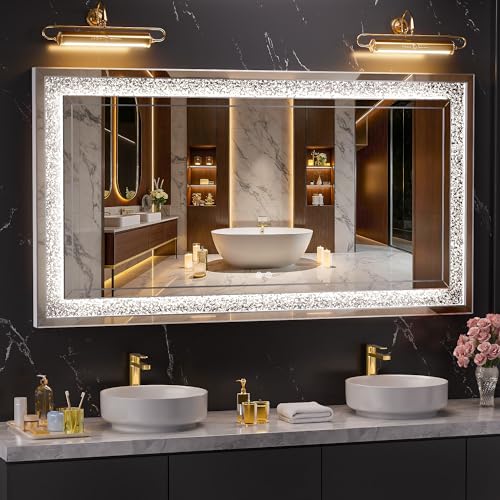 WINNICE 55" x 30" LED Diamond Wall Mirror, Dim & Anti-Fog | Crystal glass, dimmable & anti-fog, mounts vertical/horizontal, ideal for bathroom, bedroom, living room. - size: 30"L x 55"W