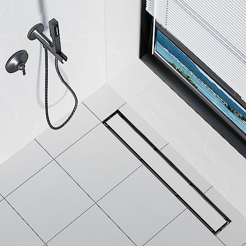 Neodrain 36" Matte Black Linear Shower Drain,2-in-1 Flat& Tile Insert Cover | 304 Stainless Steel,Fast Drainage, Durable,Rectangle Shower Floor Drain with Adjustable Feet,Hair Strainer,Fits Bathrooms - color: Matte Black, size: 36 In