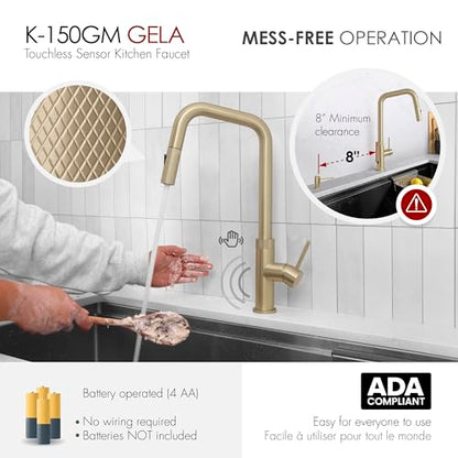 Stylish Touchless Kitchen Faucet with Pull Down Sprayer Single Lever Handle Dual Function Stainless Steel Kitchen Sink Faucet with Ceramic Cartridge and Aerator Brushed Gold Finish, K-150GM - color: Brushed Gold