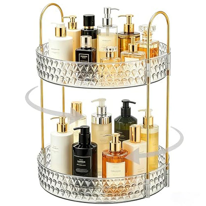 360° Rotating Makeup Organizer, 2-Tier Large Capacity Cosmetic Storage Rack for Bathroom Countertop & Vanity, Clear Acrylic Holder for Skincare, Perfume & Beauty Essentials