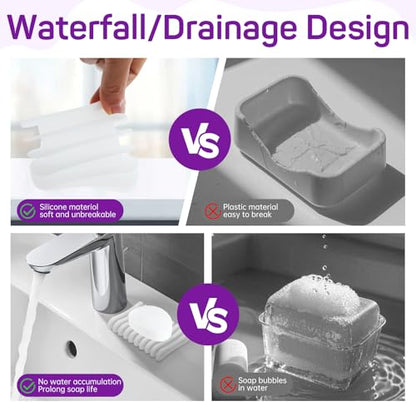 2 Pcs Self Draining Silicone Soap Holder - Waterfall Design Soap Dishes for Bathroom, Keeps Soap Bars Dry & Clean,White - color: White