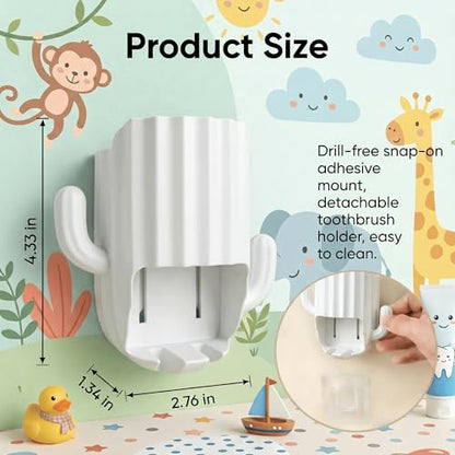 Kids Toothbrush Holder Wall Mount, Cute Cactus (White) | Bathroom Organizer, PP Cactus Holder, Toothbrush Toothpaste Hair Tie Accessories,Multi-Function Organizer - color: White