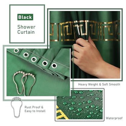 XLHOMO Bathroom Sets with Shower Curtain and Rugs Bathroom Accessories Set Hunter Green Bathroom Set,Soap Dispenser & Toilet Brush Holder Set with Stainless Steel Trash Can - size: Hunter Green, style: Bath Set+Shower Curtain+Bath Rugs
