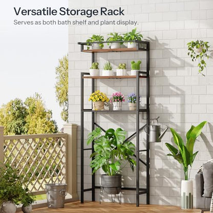 HOOBRO Over-The-Toilet Storage Rack, 3-Tier Bathroom Shelves Above Toilet, Bathroom Organizer with Toilet Paper Hook, Laundry Room, Space Saver, Rustic Brown and Black BF21TS01