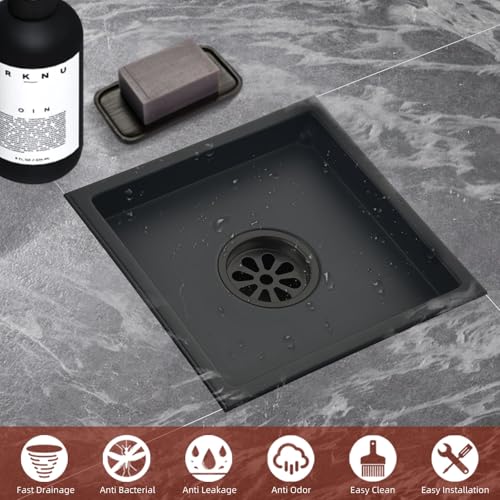 6 Inch Square Shower Drain with Flange,Matte Black，Quadrato Pattern Grate Removable,Food-Grade SUS 304 Stainless Steel，with Hair Strainer - color: 6-inch Matte Black