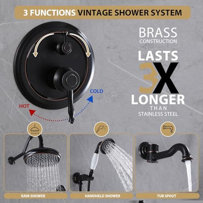 Rainfall Shower System with Handheld Sprayer,Oil Rubbed Bronze Antique Shower Faucet Sets,Shower Fixture Combo with Brass Pressure Balance Valve,Complete Shower Kit with Foldable Tub Spout - color: Oil Rubbed Bronze