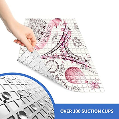Bath Tub Mat Non Slip Shower Mat Paris Eiffel Tower Pink Retro Love Bike Hot Balloon Extra Long Bathtub Mat 26.8x15 inches Bathroom Bath Mat with Suction Cups Drain Holes Machine Washable