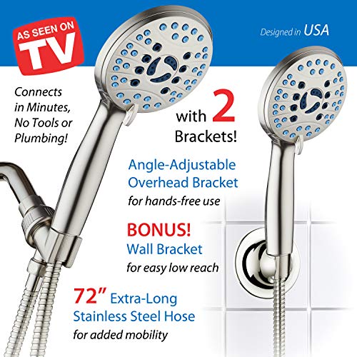 AquaCare 8-mode High Pressure Handheld Shower Head with 2-mode Power Wash | Stay Clean Nozzles, Dual Power Wash for Tub, Tile & Pets, Long 6 ft. Stainless Steel Hose, Wall & Overhead Brackets / Nickel - color: Satin Nickel, style: 1.8 Gallon Per Minute