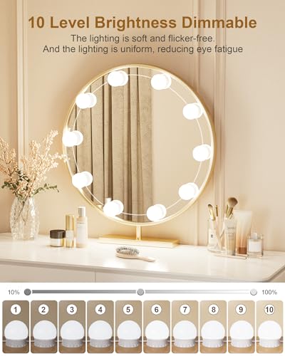 10 Bulbs LED Vanity Lights for Mirror, 3000K 4000K 6500K & 10-Brightness, Wire Length Adjustable, USB Cable, Hollywood Mirror Lights for Makeup Dressing Room Bathroom, White - size: 10 Dimmable Bulbs
