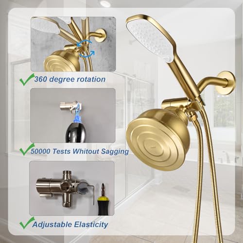 3 Way Shower Diverter Valve with Hand Shower Holder, G1/2 Shower Head Splitter, Shower Arm Diverter (Gold) - color: Gold