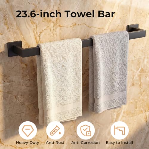 5-Piece Bathroom Hardware Set, 23.6 Inch Towel Bar Set SUS304 Stainless Steel Towel Racks for Bathroom Round Towel Bar, Towel Ring, Toilet Paper Holder, 2 Robe Hooks, Wall Mounted (Black) - color: Matte Black, size: 5 pack