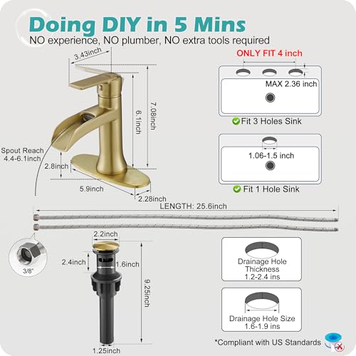 Brushed Gold Waterfall Bathroom Faucet Single Handle, 4 Inch 1 or 3 Hole Brass Bathroom Sink Faucets with Pop-Up Drain & Deck Plate for Vanity, Restroom, RV, Modern, 5 Mins Quick Install - color: Brushed Gold - Elegant