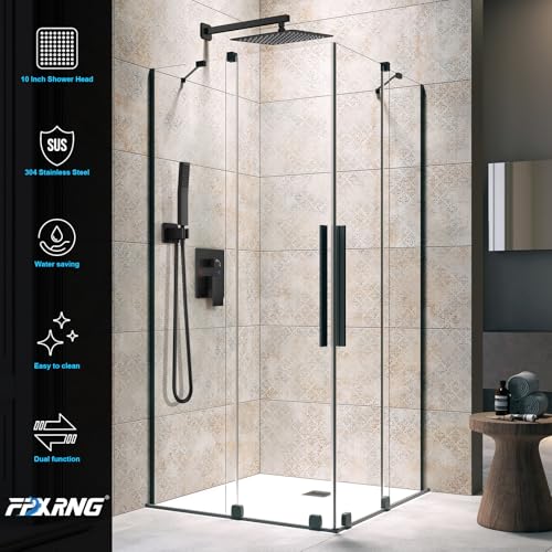FPXRNG Shower Faucet Set Rainfall Shower System with Square Shower Head and Handle Set Rough-in Valve and Metal Trim Kit Included Matte Black 10 Inch Wall Mounted Shower Fixtures - color: Matte Black, size: 10 Inch Wall Mount Shower Head