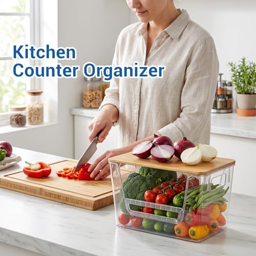 3 Set Pantry Organizers and Storage with Bamboo Lids, Stackable Clear Plastic Bins with Handles and Removable Front Baffle for Potato, Onion, Garlic, Fruit, Vegetables, Kitchen Counter and Under Sink