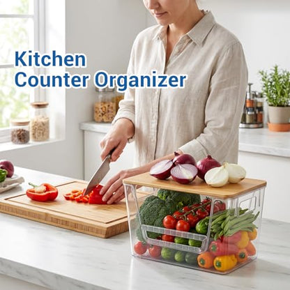 3 Set Pantry Organizers and Storage with Bamboo Lids, Stackable Clear Plastic Bins with Handles and Removable Front Baffle for Potato, Onion, Garlic, Fruit, Vegetables, Kitchen Counter and Under Sink